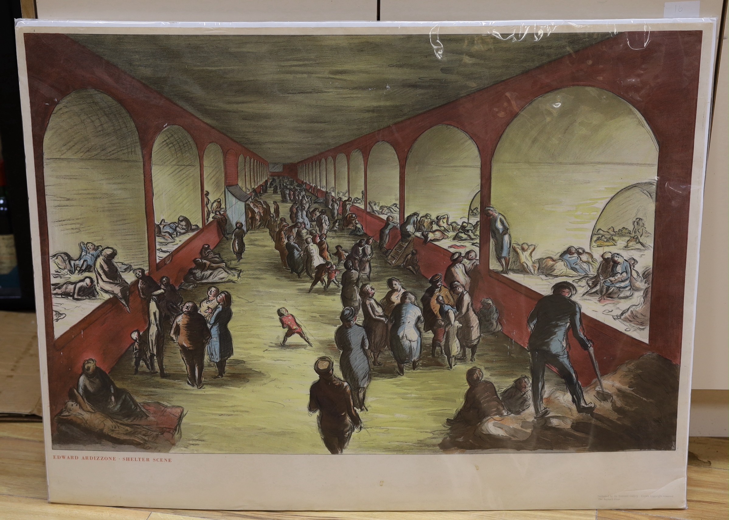 Edward Ardizzone, lithograph published by The National Gallery, 'Shelter scene', 76 x 101.5cm, unframed